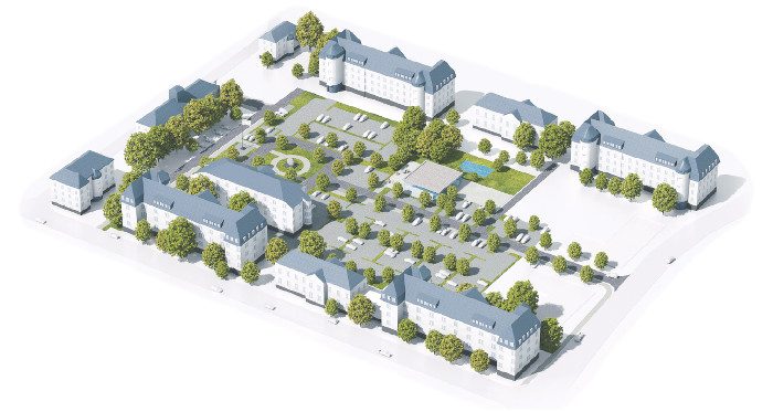 3D-Lageplan der Lamboy-Höfe: Gebäudeensemble um den begrünten Innenhof