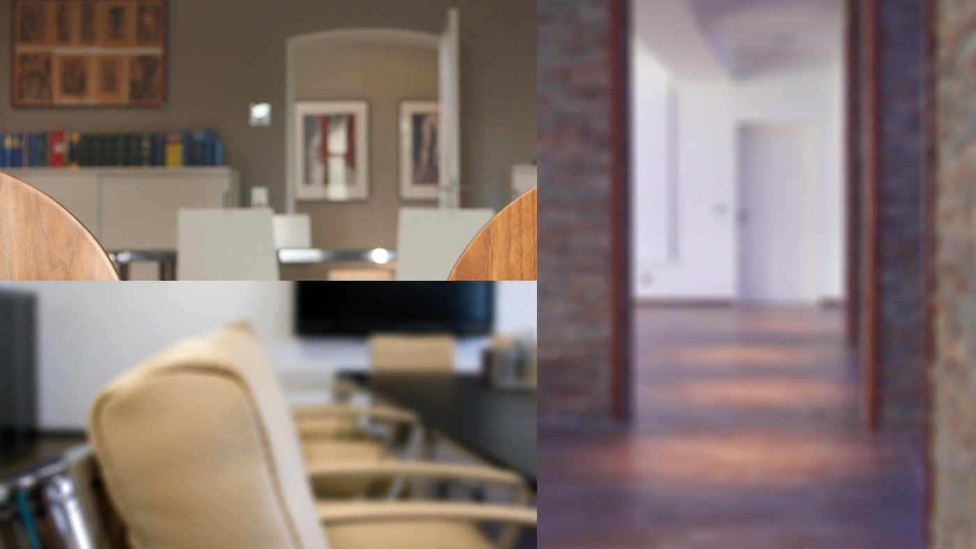 Collage: Büroeinrichtung, Besprechungsstühle und Flur mit Klinkersäulen