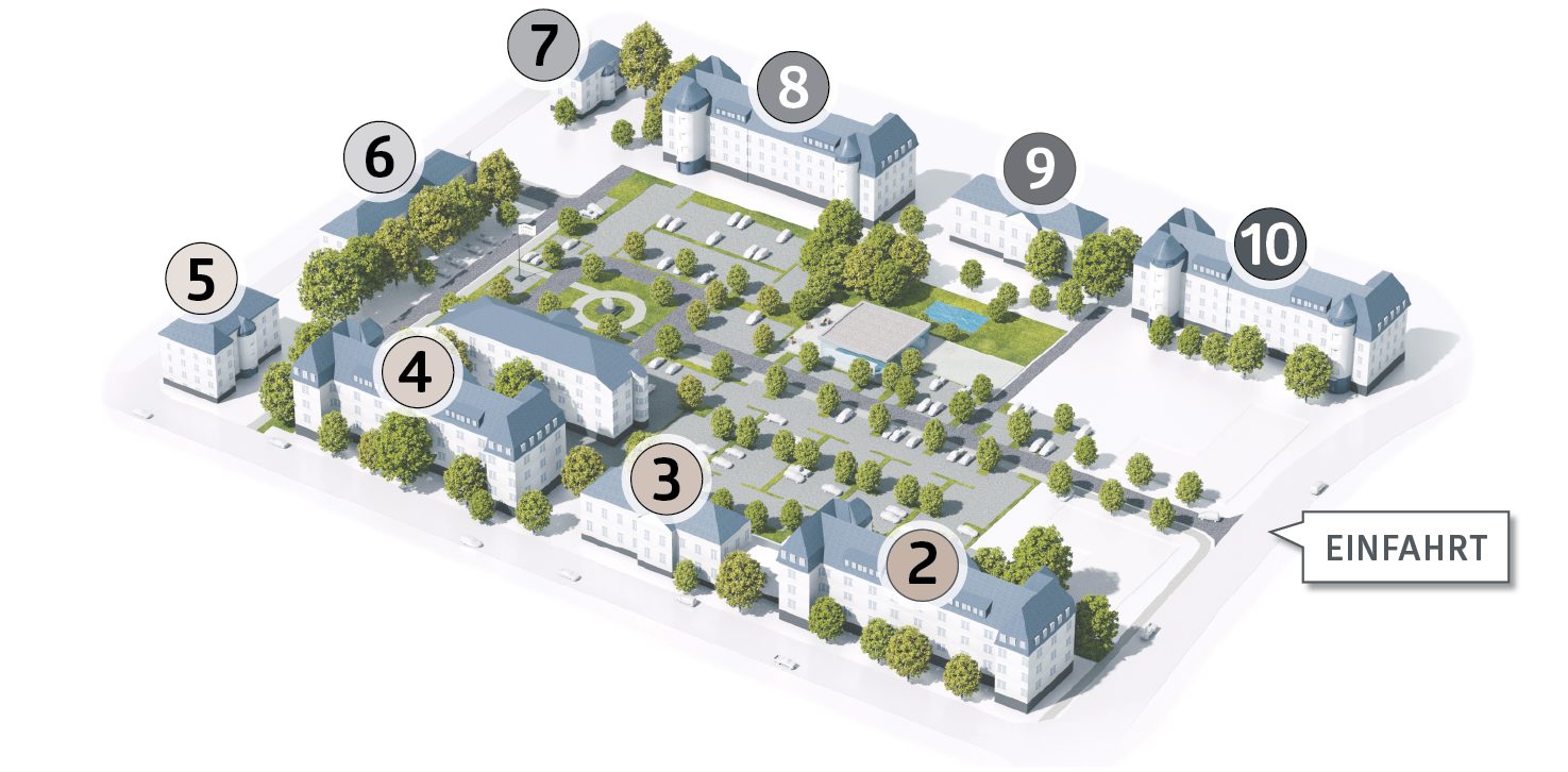 Gebäudeplan der Lamboy-Höfe: neun Gebäude in Hufeisenform um den einstigen Exerzierplatz